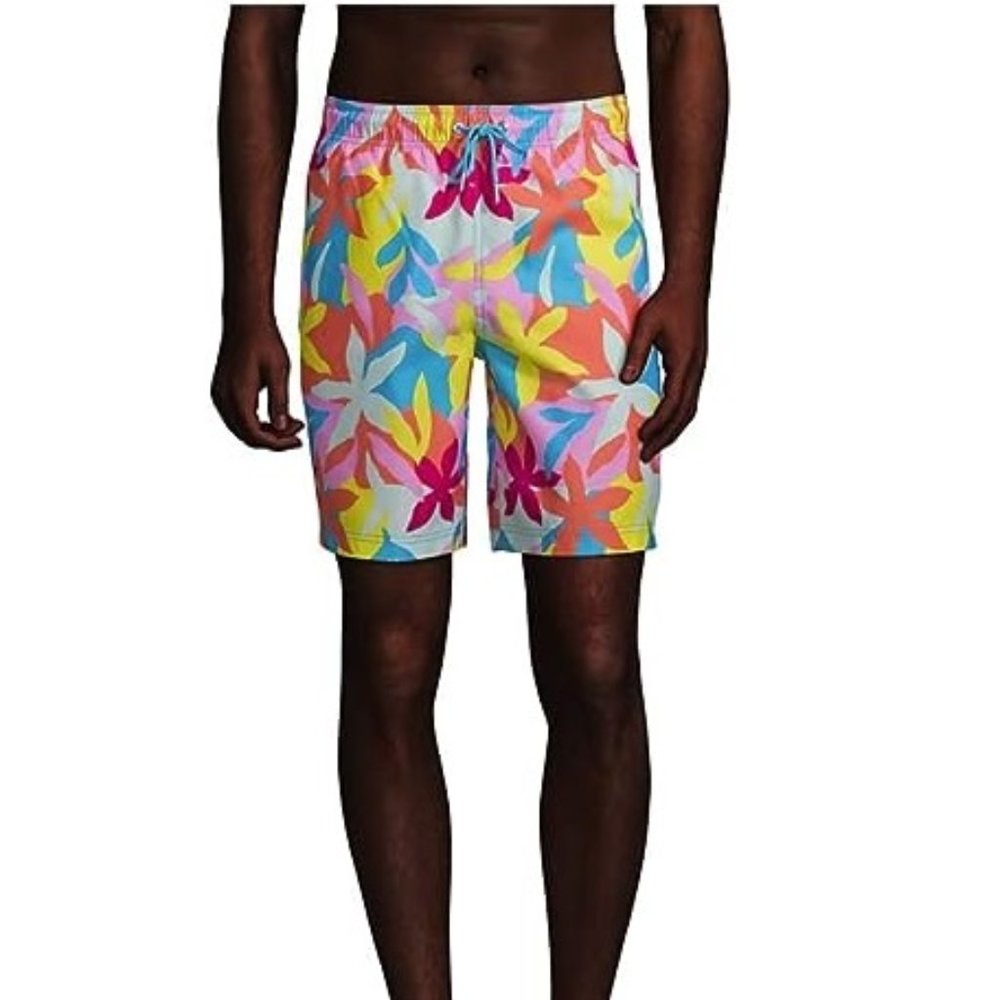 NWT Lands' End Men's Lined 8in Print Volley Shorts Swim Trunks Size M $70 FLA231